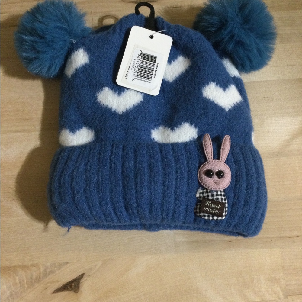 Kids Blue Heart Beanie with Pom-Poms